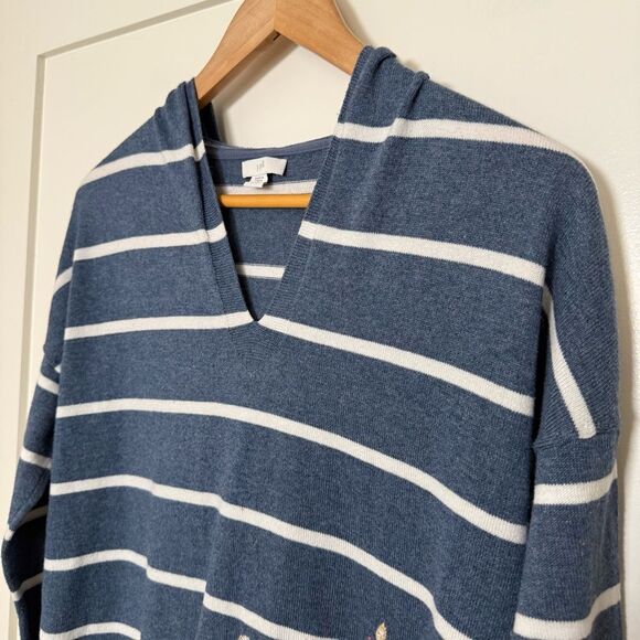 J Jill Sweater Sz XS Petite Blue Striped V Neck Embroidered Hooded Oversized - Picture 2 of 14